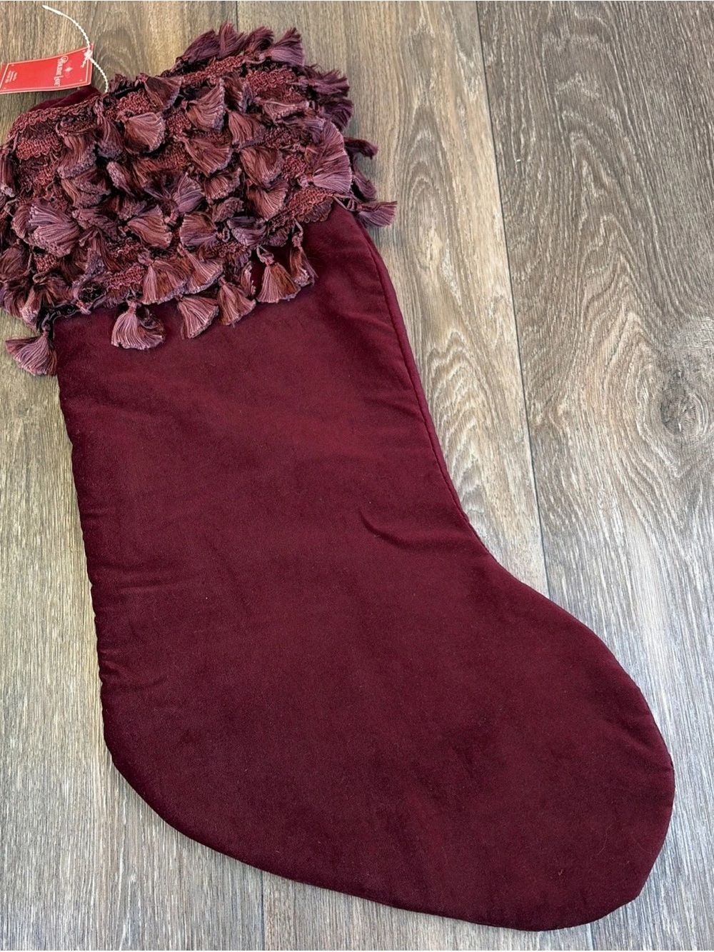 Macy's Holiday Lane Burgundy Velvet Christmas Stocking with Fringe 21"